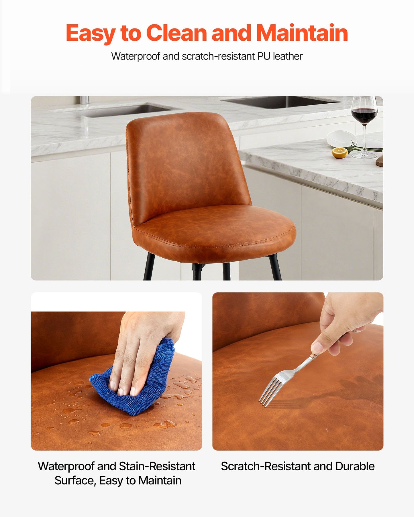 Barstolsset om 2, 69 cm höga snurrstolar, modern barstol i PU-läder med ryggstöd och metallben, armstödslös barstol, barstol med köksö och matsal, brun