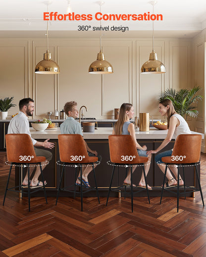 Bar Stool Set of 3, 69cm Counter Height Swivel Stools, Modern PU Leather Counter Barstool with Backrest and Metal Legs, Armless Bar Chair, Island Barstool for Kitchen, Dining Room, Brown