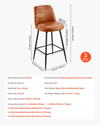 Bar Stool Set of 3, 69cm Counter Height Swivel Stools, Modern PU Leather Counter Barstool with Backrest and Metal Legs, Armless Bar Chair, Island Barstool for Kitchen, Dining Room, Brown