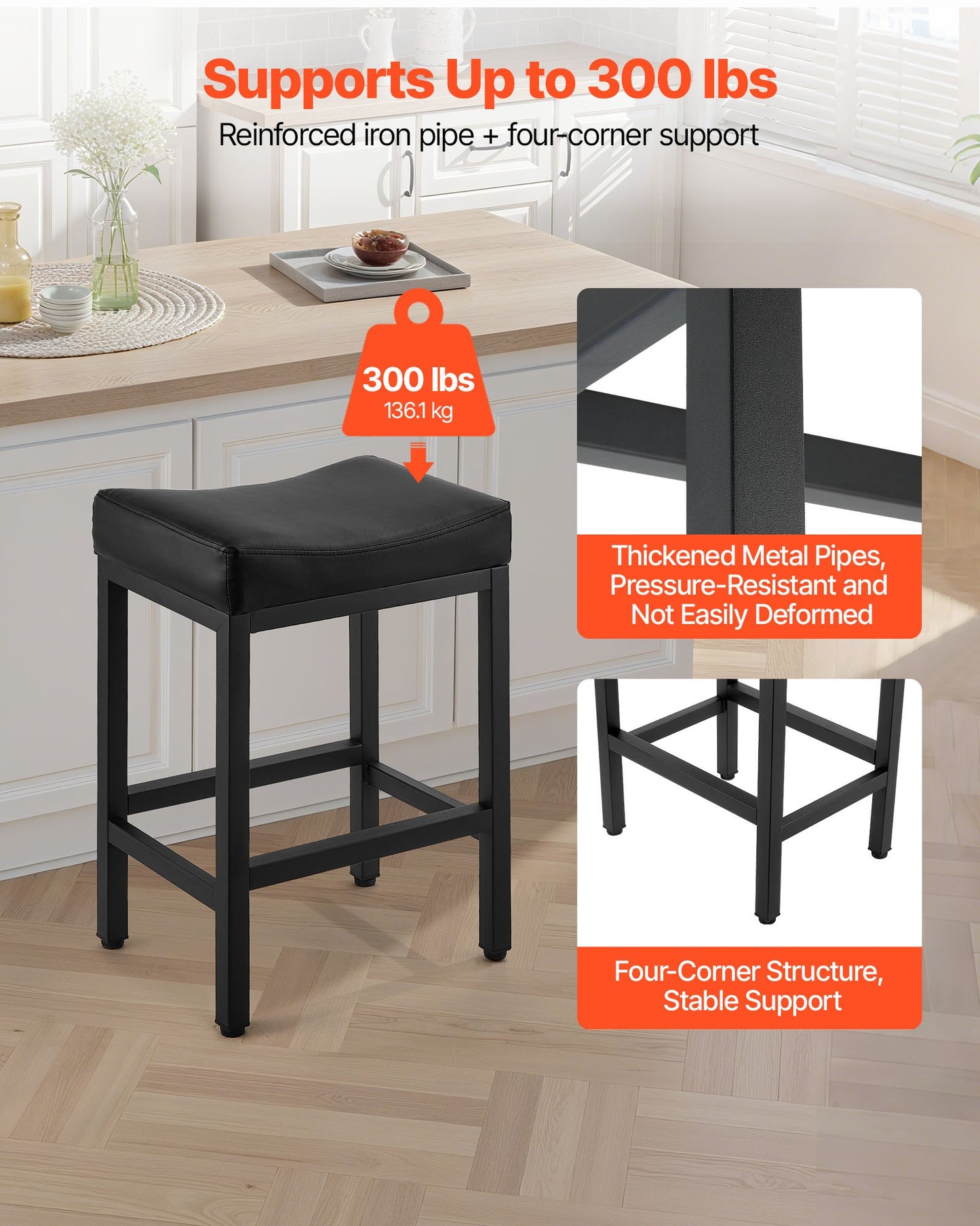 Bar Stool Set of 2, PU Leather Counter Height Stools, 62cm Barstool with Saddle-Seat and Metal Legs, Easy Assembly Backless Bar Chair, Island Barstools for Kitchen, Dining Room, Cafe, Black