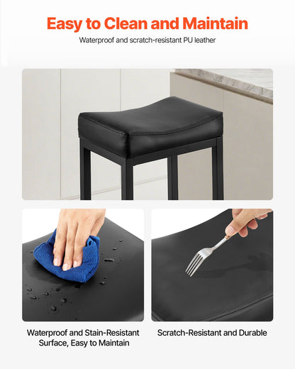 Bar Stool Set of 2, PU Leather Counter Height Stools, 62cm Barstool with Saddle-Seat and Metal Legs, Easy Assembly Backless Bar Chair, Island Barstools for Kitchen, Dining Room, Cafe, Black