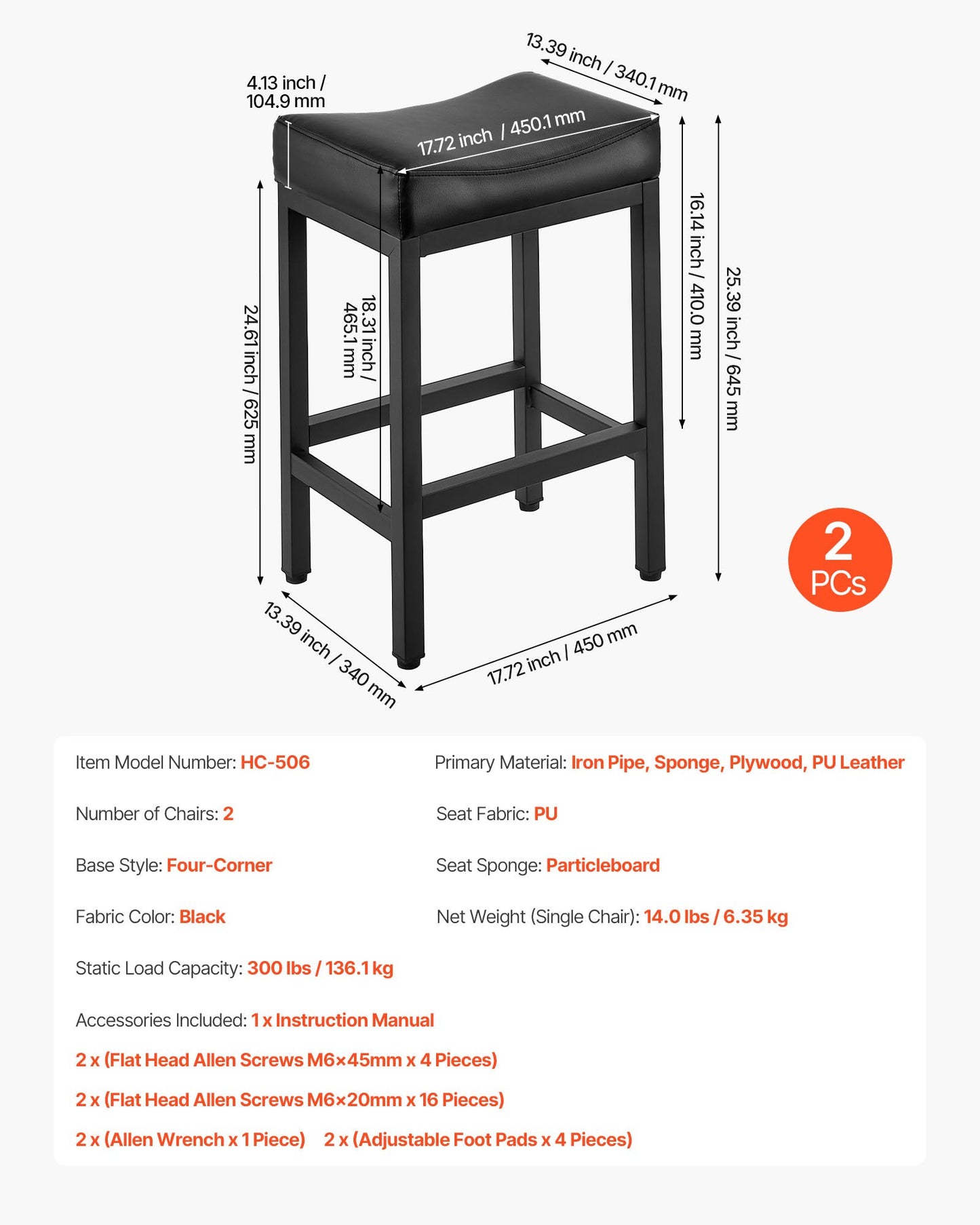 Bar Stool Set of 2, PU Leather Counter Height Stools, 62cm Barstool with Saddle-Seat and Metal Legs, Easy Assembly Backless Bar Chair, Island Barstools for Kitchen, Dining Room, Cafe, Black