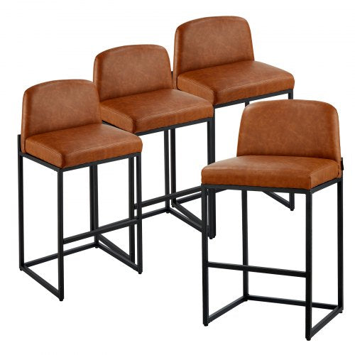 Barstolsset med 4, 68 cm barstolar i barhöjd, modern barstol i PU-läder med ryggstöd, metallben, enkel montering, armstödslös barstol, barstol med köksö och matsal, brun