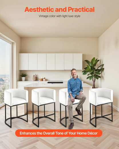 Bar Stool Set of 3, 63cm Counter Height Stools, Counter Barstool with Backrest, Arm, Metal Frame, and Footrest, Accent Fabric Bar Chair, Island Barstools for Kitchen, Dining Room, White