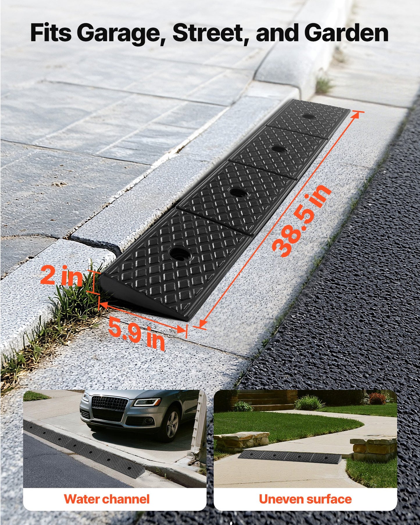 Rubber Curb Ramp, 15 Tons Load Capacity, 50.8 mm Rise Height Heavy Duty Rubber Threshold Ramp with Drainage Tank for Wheelchairs, Strollers, Motorcycles, Cars, Lawn Mowers & Trailers, 2 Pack