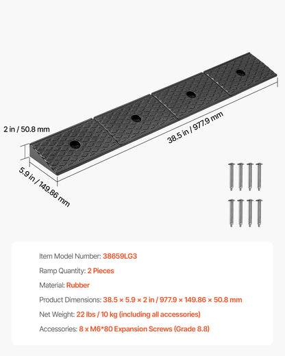 Rubber Curb Ramp, 15 Tons Load Capacity, 50.8 mm Rise Height Heavy Duty Rubber Threshold Ramp with Drainage Tank for Wheelchairs, Strollers, Motorcycles, Cars, Lawn Mowers & Trailers, 2 Pack