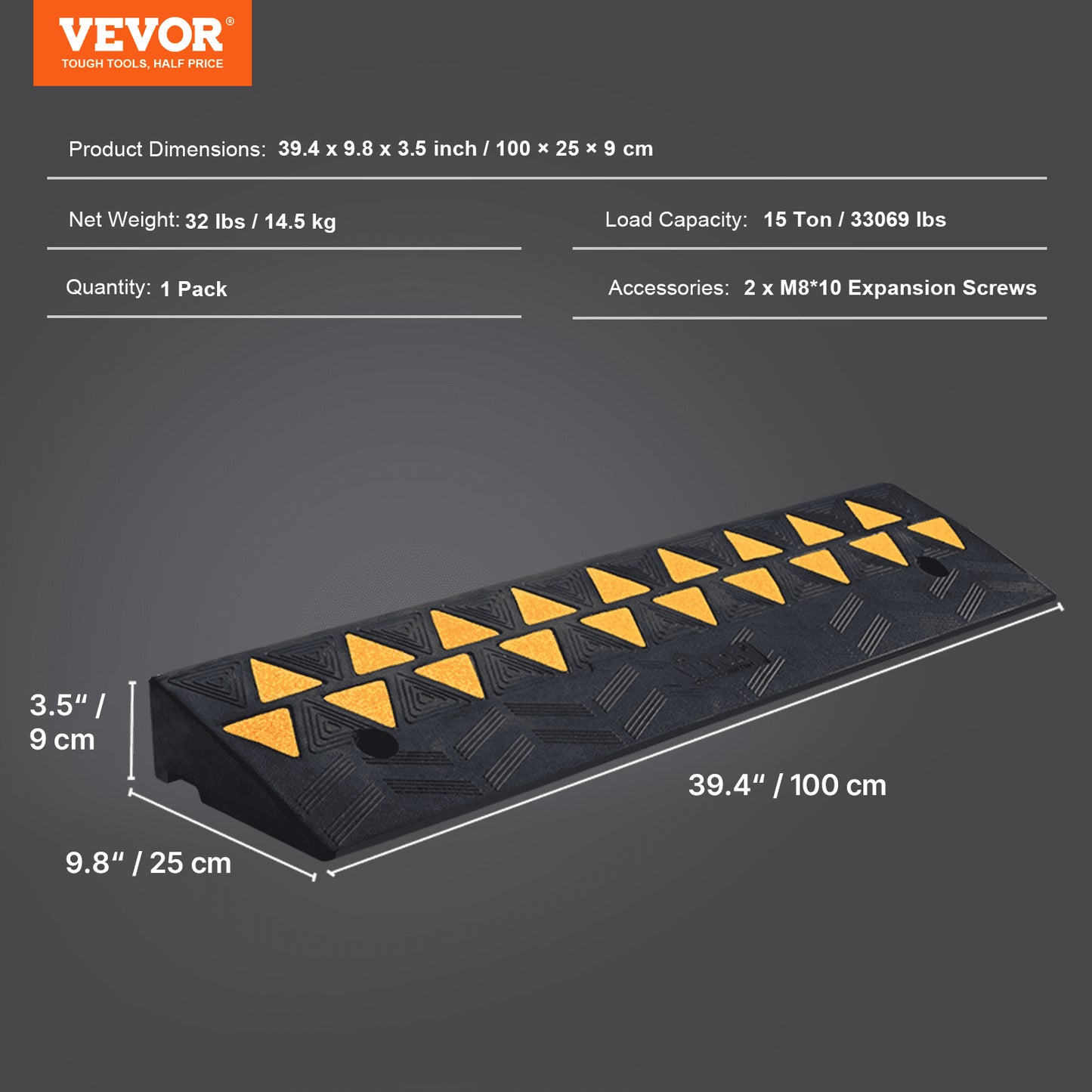 Rubber Curb Ramp 9 cm Rise Height Sidewalk Curb Ramp, 25 cm Width 100 cm Length Driveway Ramp for Curb, 15T Heavy Duty Rubber Ramp for Forklifts, Trucks, Buses, Cars, Wheelchairs, Bikes