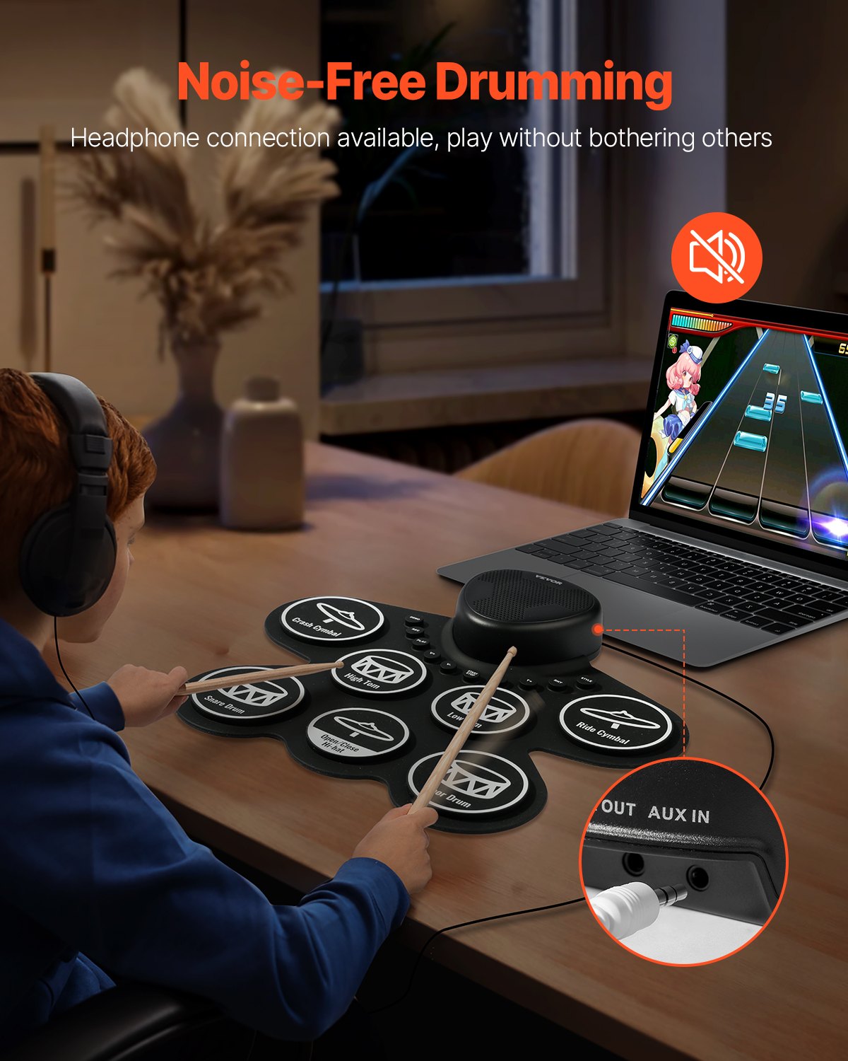 Electric Drum Set, 7 Pads, Roll-up Drum Practice Pad, Electronic Drumset with Headphone