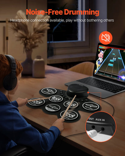 Electric Drum Set, 7 Pads, Roll-up Drum Practice Pad, Electronic Drumset with Headphone