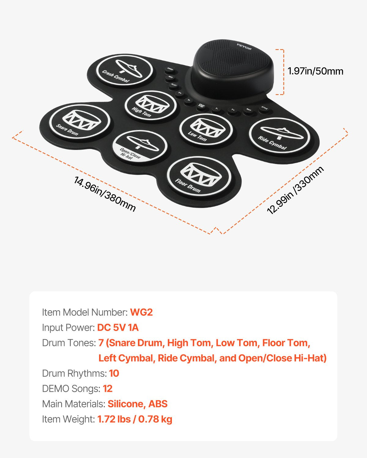 Electric Drum Set, 7 Pads, Roll-up Drum Practice Pad, Electronic Drumset with Headphone