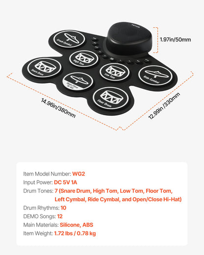 Electric Drum Set, 7 Pads, Roll-up Drum Practice Pad, Electronic Drumset with Headphone