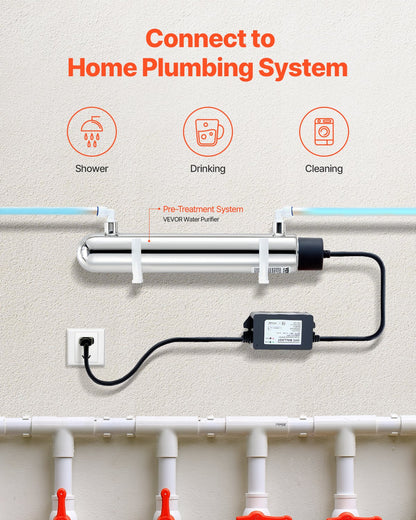 UV Water Purifier, 12W 1GPM, 220V Versatile Ultraviolet Water Purifier Filter with Stainless Steel Housing, Whole House UV Water Filter with Quartz Sleeve Fit for Shower/Drinking/Cleaning