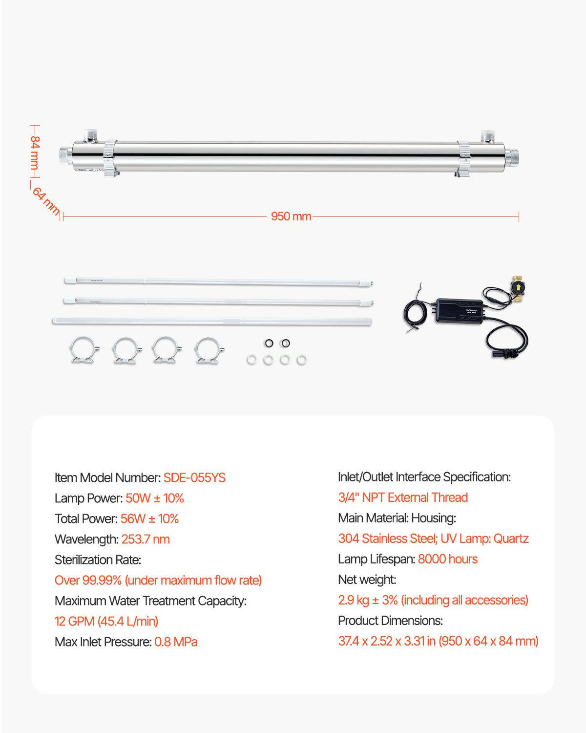 UV-vattenrenare, 55W 12GPM, 220V mångsidigt ultraviolett vattenrenarfilter med hölje i rostfritt stål, UV-vattenfilter för hela huset med kvartshylsa, lämplig för dusch/drickande/rengöring