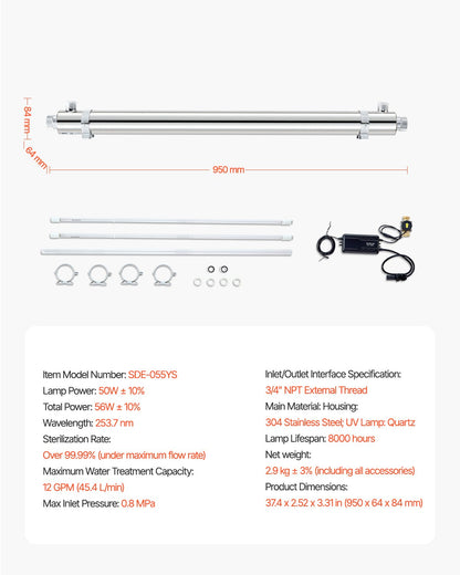 UV-vattenrenare, 55W 12GPM, 220V mångsidigt ultraviolett vattenrenarfilter med hölje i rostfritt stål, UV-vattenfilter för hela huset med kvartshylsa, lämplig för dusch/drickande/rengöring