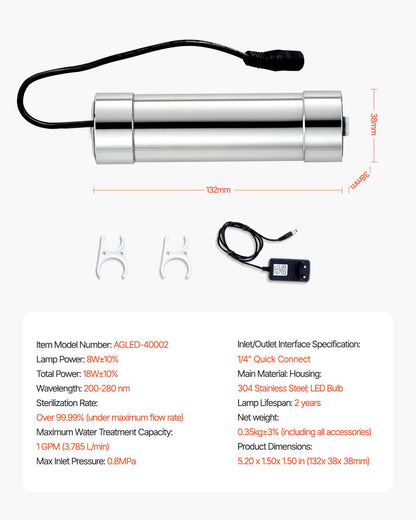 UV-vattenrenare, 8W 1GPM, 220V mångsidigt ultraviolett vattenrenarfilter med hölje i rostfritt stål, UV-vattenfilter för hela huset med kvartshylsa, lämplig för dusch/drickande/rengöring