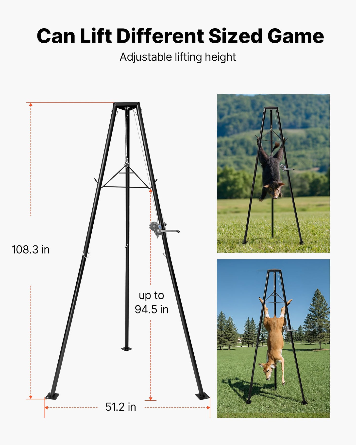 Tripod Deer Hoist, 500 lbs Load Capacity, Hunting Game Hoist Winch Lift with Gambrel & Manual Winch, Hunting Game Skinning and Cleaning Accessory for Cleaning, Skinning, and Moving, Black