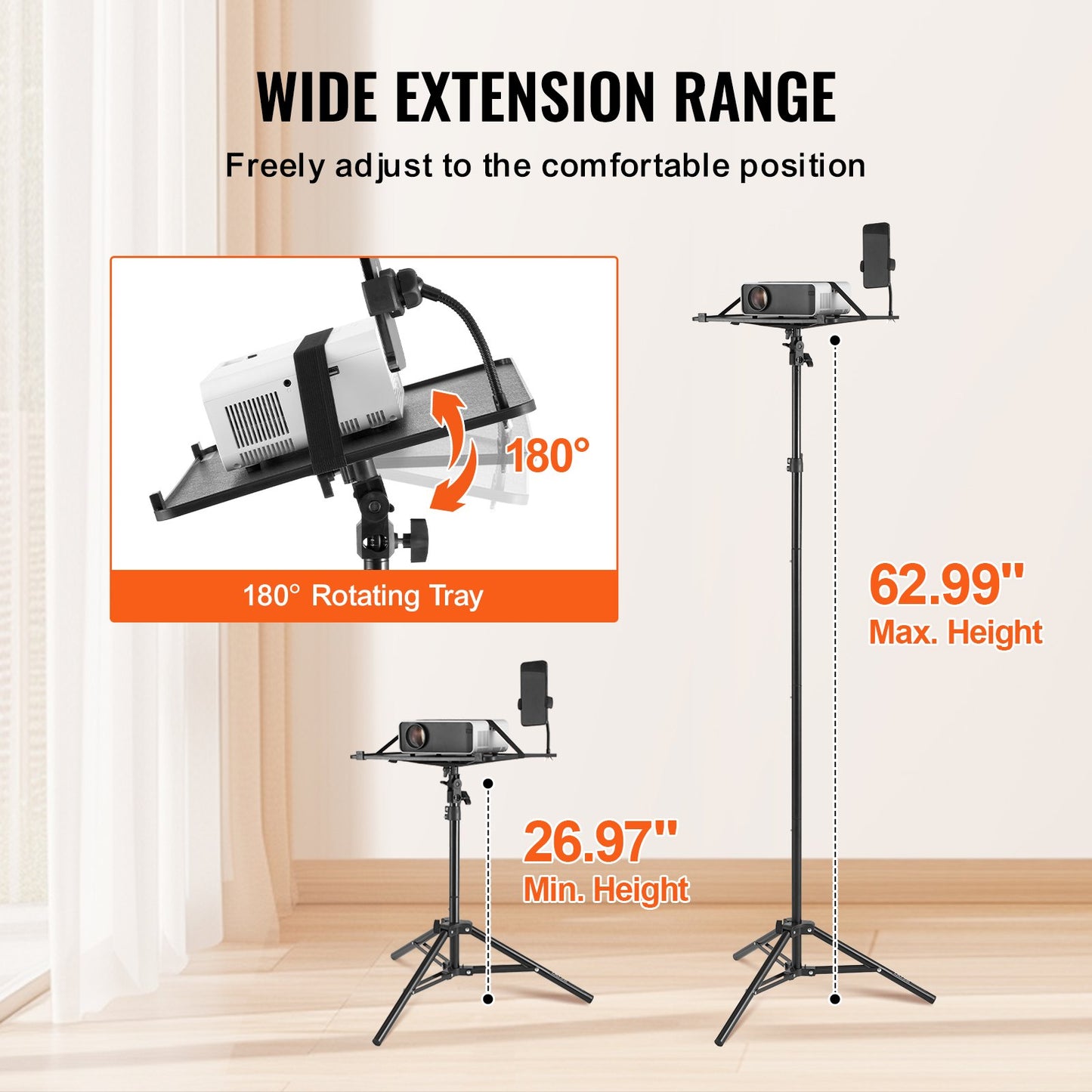 Projector Stand, Laptop Stand Tripod Adjustable Height from 26.97 to 63 in, Portable Projector Tripod Stand with Tray & Gooseneck Phone Holder, for Outdoor Movies, Home, Office, Stage or Studio