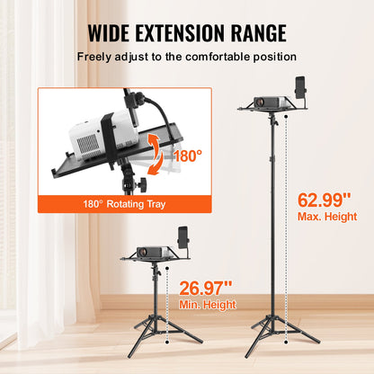 Projector Stand, Laptop Stand Tripod Adjustable Height from 26.97 to 63 in, Portable Projector Tripod Stand with Tray & Gooseneck Phone Holder, for Outdoor Movies, Home, Office, Stage or Studio