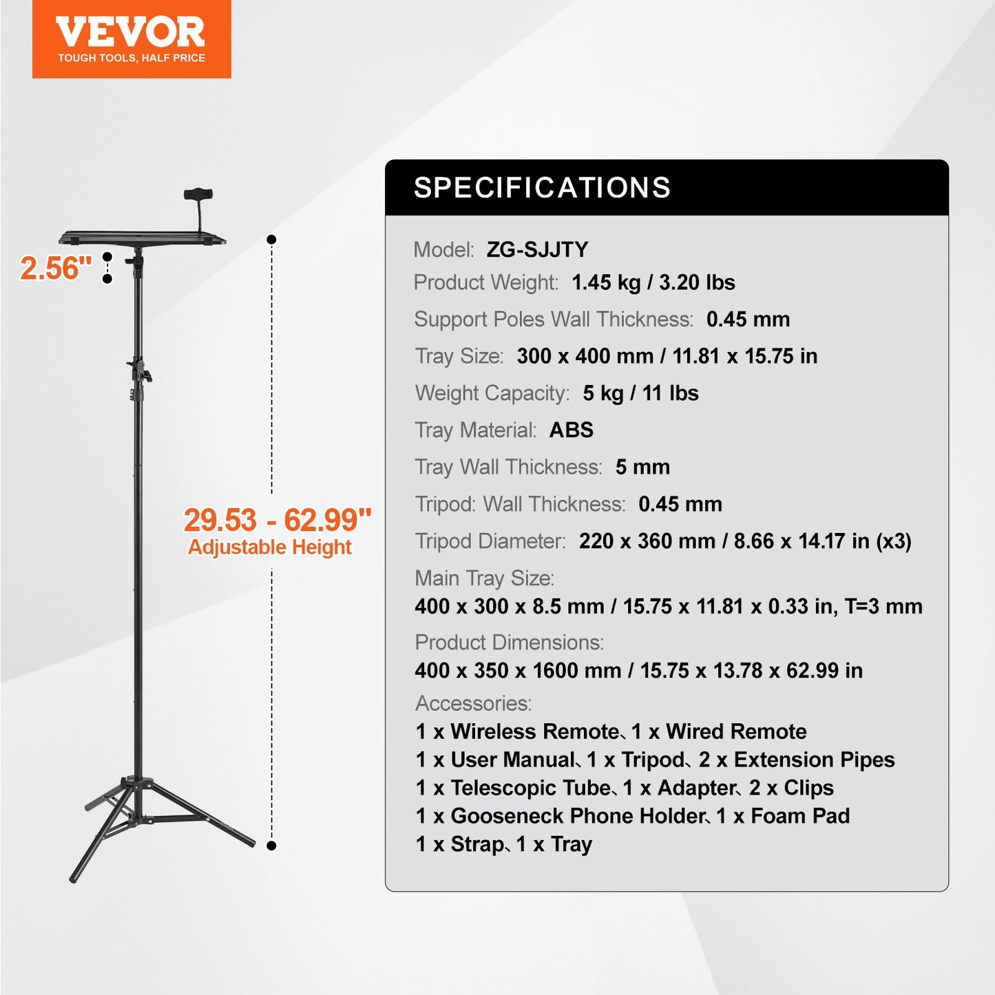 Projector Stand, Laptop Stand Tripod Adjustable Height from 26.97 to 63 in, Portable Projector Tripod Stand with Tray & Gooseneck Phone Holder, for Outdoor Movies, Home, Office, Stage or Studio