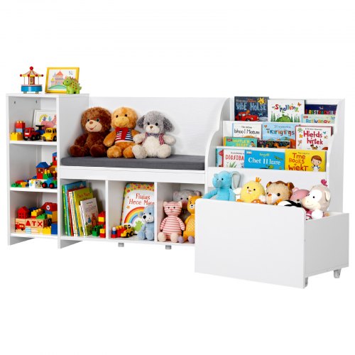 Kids Reading Nook, Wooden Storage Bench with Backrest, Kids Bookshelf & Toy Organizer, Large Toy Box Chest for Playroom, Living Room or Entryway, Easy Assembly, 1700 x 400 x 800 mm, White