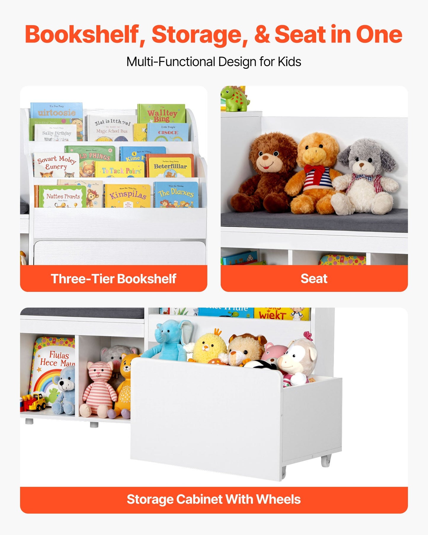 Kids Reading Nook, Wooden Storage Bench with Backrest, Kids Bookshelf & Toy Organizer, Large Toy Box Chest for Playroom, Living Room or Entryway, Easy Assembly, 1700 x 400 x 800 mm, White