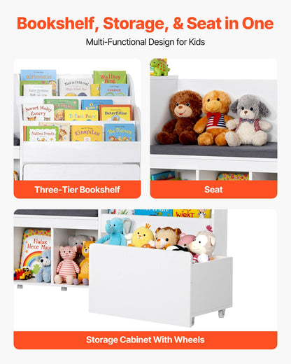 Kids Reading Nook, Wooden Storage Bench with Backrest, Kids Bookshelf & Toy Organizer, Large Toy Box Chest for Playroom, Living Room or Entryway, Easy Assembly, 1700 x 400 x 800 mm, White