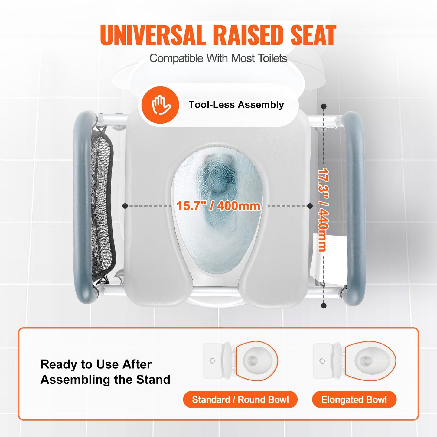Raised Toilet Seat, 7-Position Height Adjustment 490 - 640 mm, 158.7 kg Weight Capacity, with Comfort Padded Aluminum Frame, Universal Toilet Seat Riser, for Elderly, Handicap, Pregnant, Medical