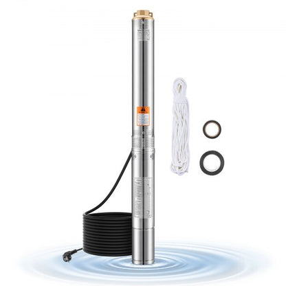 Dränkbar djupbrunnspump, 750 W uteffekt, 230 V, 100 l/min flöde, 75 m (246 fot) tryckhöjd, med 20 m (65,62 fot) sladd, vattenpump i rostfritt stål, för industriell bevattning och hemmabruk, IP68 vattentät klass