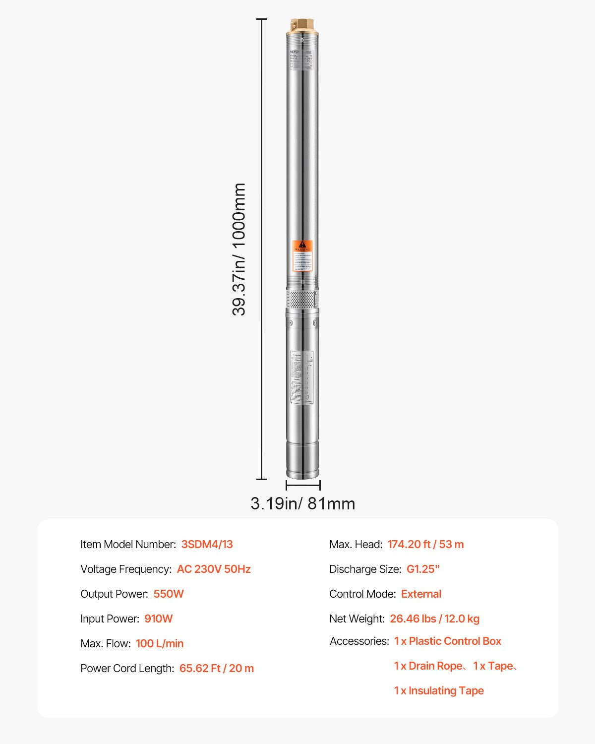 Dränkbar djupbrunnspump, 550 W uteffekt, 230 V, 100 L/min flöde, 53 m (174 ft) tryckhöjd, med 20 m (65,62 ft) sladd, extern kontrollbox, vattenpump i rostfritt stål, för industriell bevattning och hemmabruk, IP68