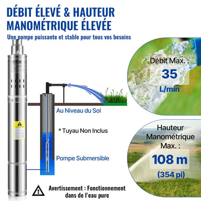 Deep Well Submersible Pump, 550W 230V/50Hz, 35L/min 108 m Head Sand Resistant <5%, 20 m Electric Cord, 7.6 cm Stainless Steel Water Pumps for Industrial, Irrigation & Home Use, IP68 Waterproof