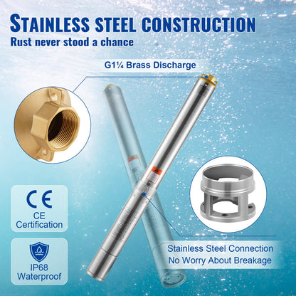 Deep Well Submersible Pump, 1100W 230V 50Hz, 7.1 m³/h Max Flow 105 m Max Head with 19.4 m Electric Cord, Stainless Steel Water Pumps for Industrial Irrigation and Home Use, IP68 Waterproof Grade