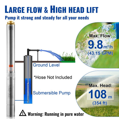 Deep Well Submersible Pump, 2HP/1500W 230V/50Hz, 9.8 m³/h Flow 108 m Head, with 9.1 m Electric Cord, Stainless Steel Water Pumps for Industrial, Irrigation & Home Use, IP68 Waterproof Grade
