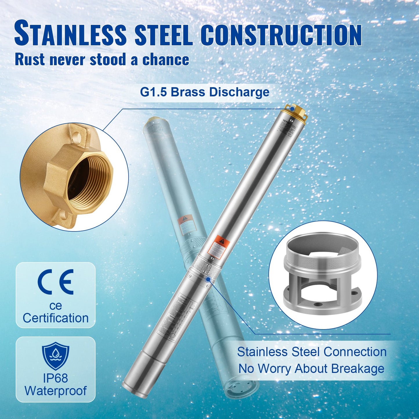 Dränkbar djupbrunnspump, 3 hk/2200 W 230 V/50 Hz, 9,8 m³/h flöde 144 m tryckhöjd, med 9,1 m elsladd, vattenpumpar i rostfritt stål för industri, bevattning och hemmabruk, IP68 vattentät klass