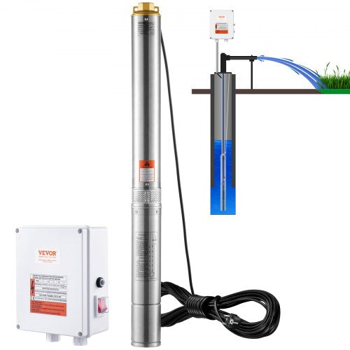 Deep Well Submersible Pump, 2200W 230V, 9.8 m³/h Flow 144 m Head, with 19.4 m Cord & External Control Box, Stainless Steel Water Pumps for Industrial Irrigation and Home Use, IP68 Waterproof