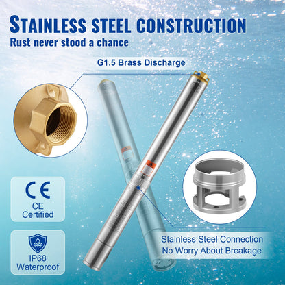 Deep Well Submersible Pump, 2200W 230V, 9.8 m³/h Flow 144 m Head, with 19.4 m Cord & External Control Box, Stainless Steel Water Pumps for Industrial Irrigation and Home Use, IP68 Waterproof