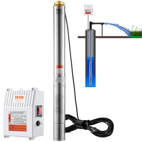 Deep Well Submersible Pump, 1500W 230V 60Hz, 9.8 m³/h 108 m Head, with 19.4 m Cord & External Control Box, Stainless Steel Water Pumps for Industrial, Irrigation and Home Use, IP68 Waterproof