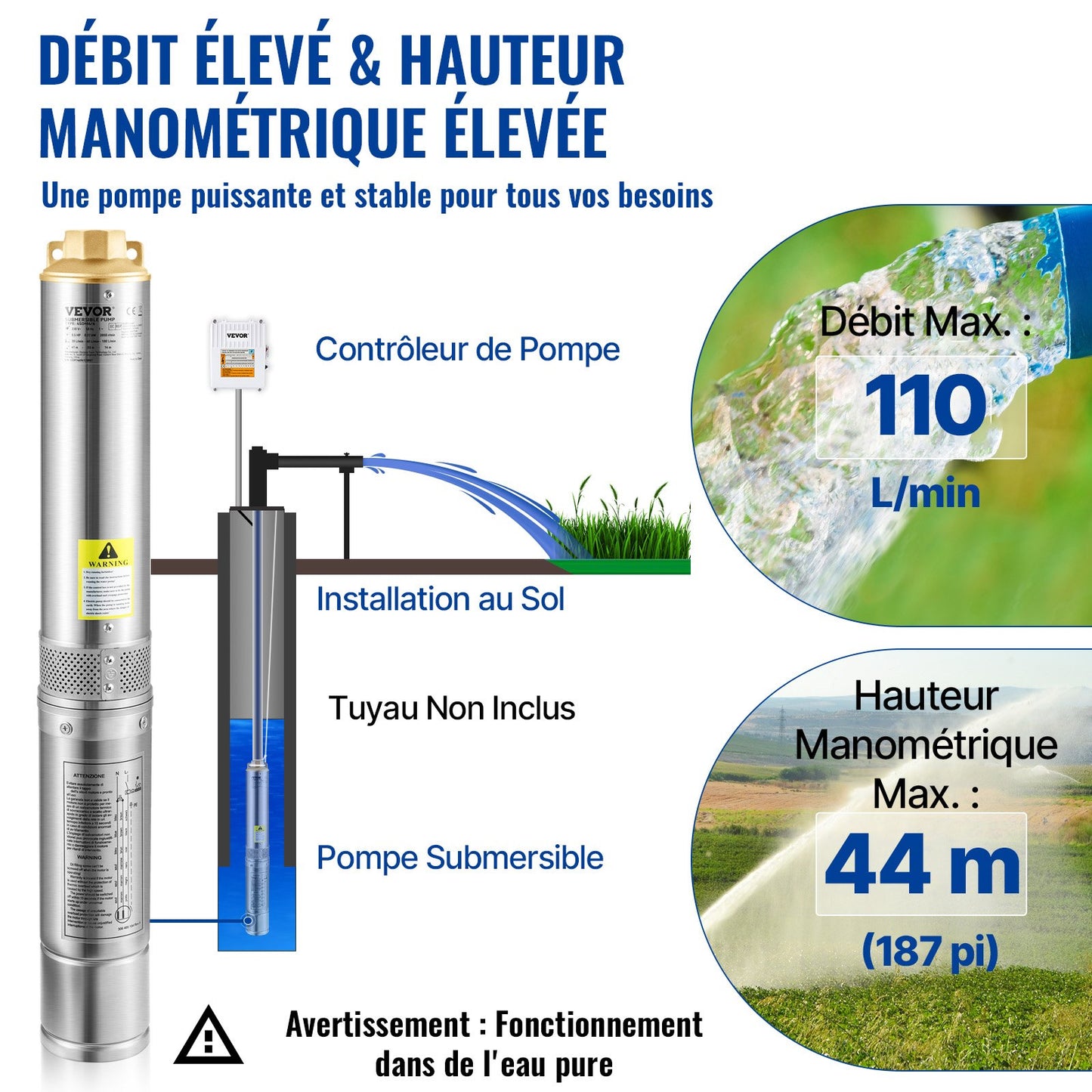 Dränkbar djupbrunnspump, 370W 230V/50Hz, 110L/min 44 m tryck, med 20 m sladd och extern kontrollbox, 10,2 cm vattenpumpar i rostfritt stål för industri, bevattning och hemmabruk, IP68 vattentät