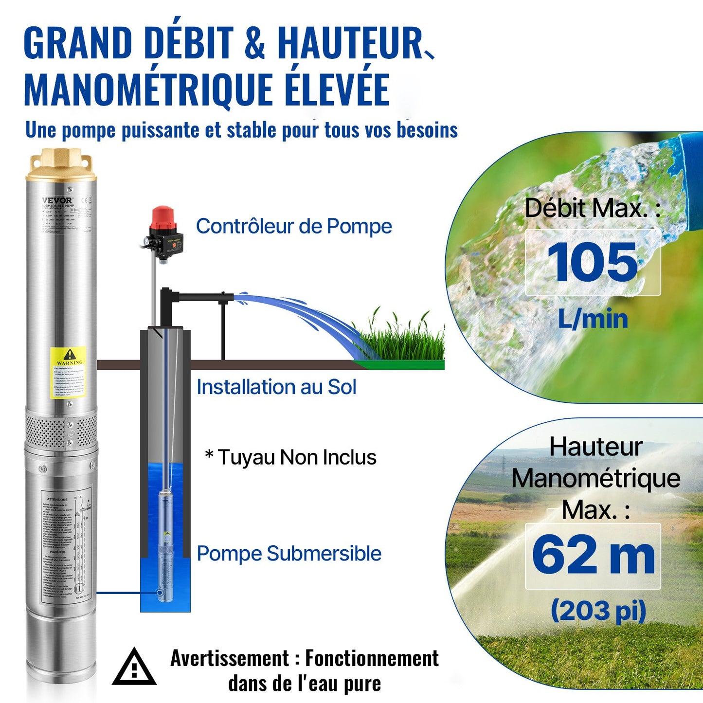 Deep Well Submersible Pump, 750W 230V/50Hz, 105L/min 62 m Head, 20 m Cord & Automatic Pressure Switch, 8.9 cm Stainless Steel Water Pumps for Industrial, Irrigation & Home Use, IP68 Waterproof