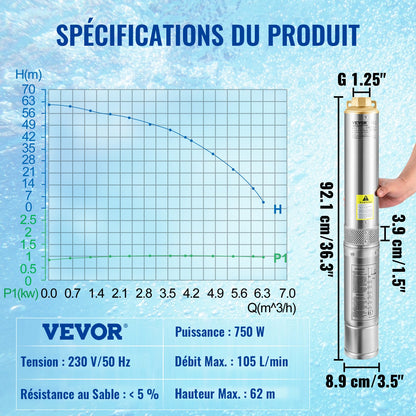 Deep Well Submersible Pump, 750W 230V/50Hz, 105L/min 62 m Head, 20 m Cord & Automatic Pressure Switch, 8.9 cm Stainless Steel Water Pumps for Industrial, Irrigation & Home Use, IP68 Waterproof