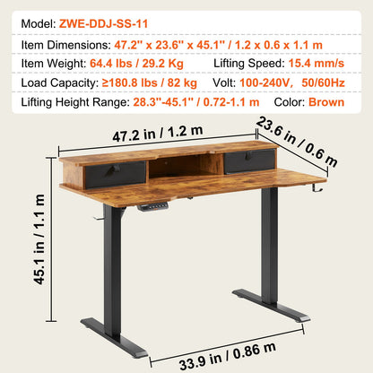 Height Adjustable Desk, 47.2" x 23.6" Electric Dual Monitor Riser Workstation, Whole Piece Desk Board Sit to Stand, 3-Key Modes Sturdy Dual Metal Frame,180LBS Capacity for Computer Home & Office