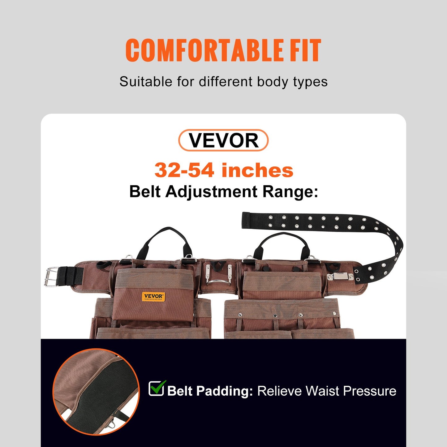 Tool Belt, 19 Pockets, Adjusts from 32 Inches to 54 Inches, Polyester Heavy Duty Tool Pouch Bag, Detachable Tool Bag for Electrician, Carpenter, Handyman, Woodworker, Construction, Framer, Brown