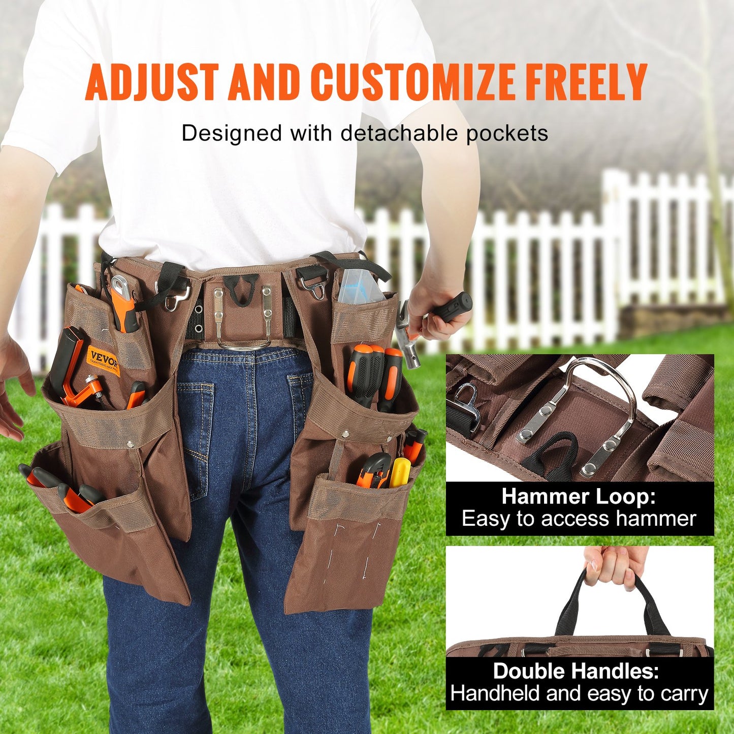 Tool Belt, 19 Pockets, Adjusts from 32 Inches to 54 Inches, Polyester Heavy Duty Tool Pouch Bag, Detachable Tool Bag for Electrician, Carpenter, Handyman, Woodworker, Construction, Framer, Brown