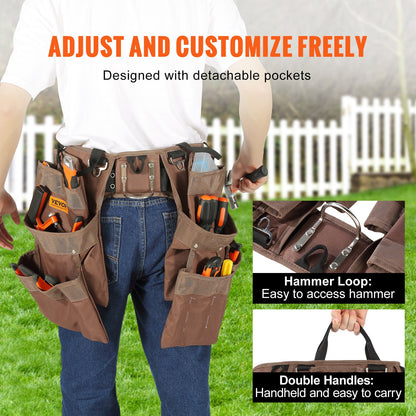 Tool Belt, 19 Pockets, Adjusts from 32 Inches to 54 Inches, Polyester Heavy Duty Tool Pouch Bag, Detachable Tool Bag for Electrician, Carpenter, Handyman, Woodworker, Construction, Framer, Brown