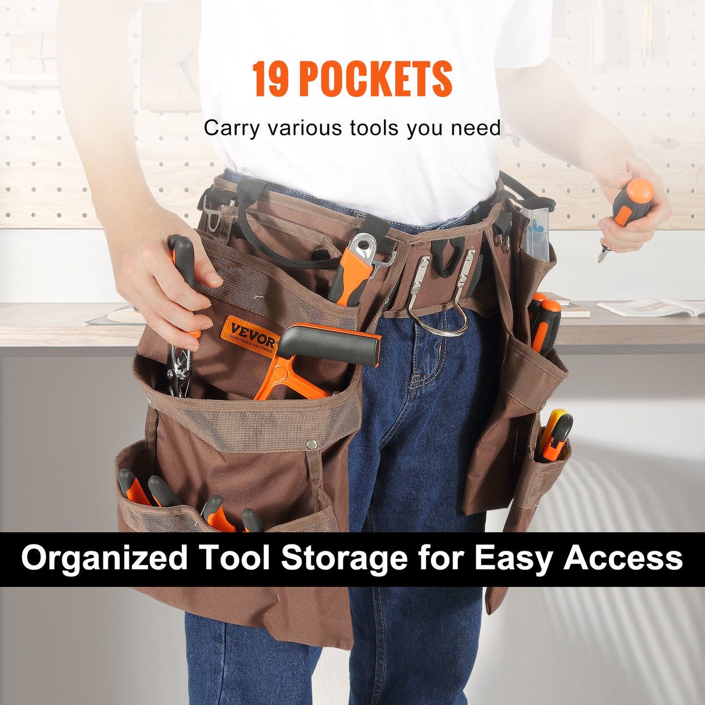 Tool Belt, 19 Pockets, Adjusts from 32 Inches to 54 Inches, Polyester Heavy Duty Tool Pouch Bag, Detachable Tool Bag for Electrician, Carpenter, Handyman, Woodworker, Construction, Framer, Brown