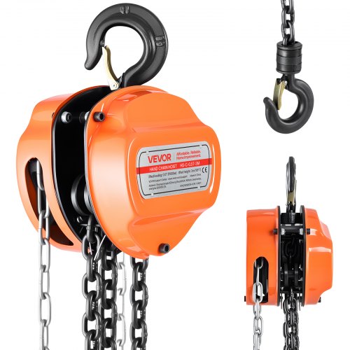 Hand Chain Hoist, 1/2 Ton Capacity, Manual Chain Block with Upgrade G80 Galvanized Chain, 3 m Lifting Height, Heavy Duty Pulley Hoist for Garage Warehouse Automotive Machinery, Orange
