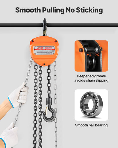 Handtelfer, 1/2 ton kapacitet, manuell kedjeblock med uppgradering G80 galvaniserad kedja, 3 m lyfthöjd, kraftig remskivetelfer för garage, lager, fordonsmaskiner, orange