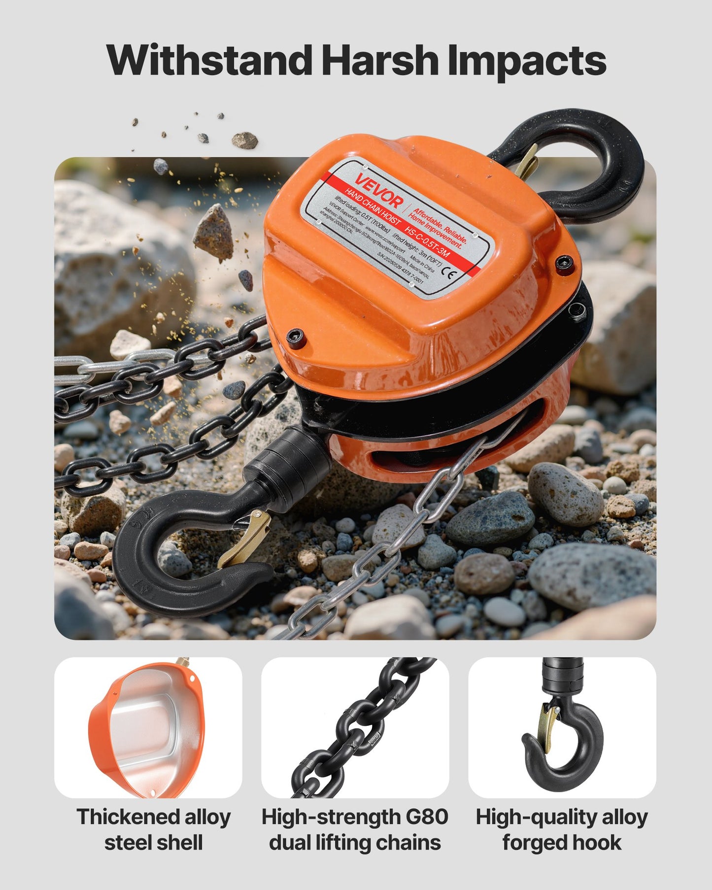 Handtelfer, 1/2 ton kapacitet, manuell kedjeblock med uppgradering G80 galvaniserad kedja, 3 m lyfthöjd, kraftig remskivetelfer för garage, lager, fordonsmaskiner, orange