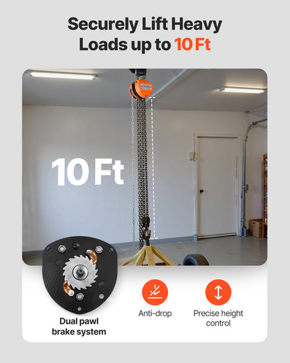 Handtelfer, 2 tons kapacitet, manuell kedjeblock med uppgradering G80 galvaniserad kedja, 3 m lyfthöjd, kraftig remskivetelfer för garage, lager, fordonsmaskiner, orange