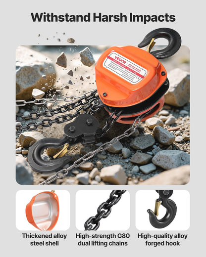 Handtelfer, 2 tons kapacitet, manuell kedjeblock med uppgradering G80 galvaniserad kedja, 6 m lyfthöjd, kraftig remskivetelfer för garage, lager, fordonsmaskiner, orange