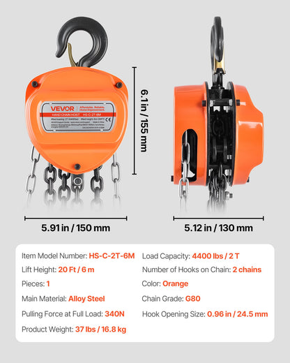 Handtelfer, 2 tons kapacitet, manuell kedjeblock med uppgradering G80 galvaniserad kedja, 6 m lyfthöjd, kraftig remskivetelfer för garage, lager, fordonsmaskiner, orange